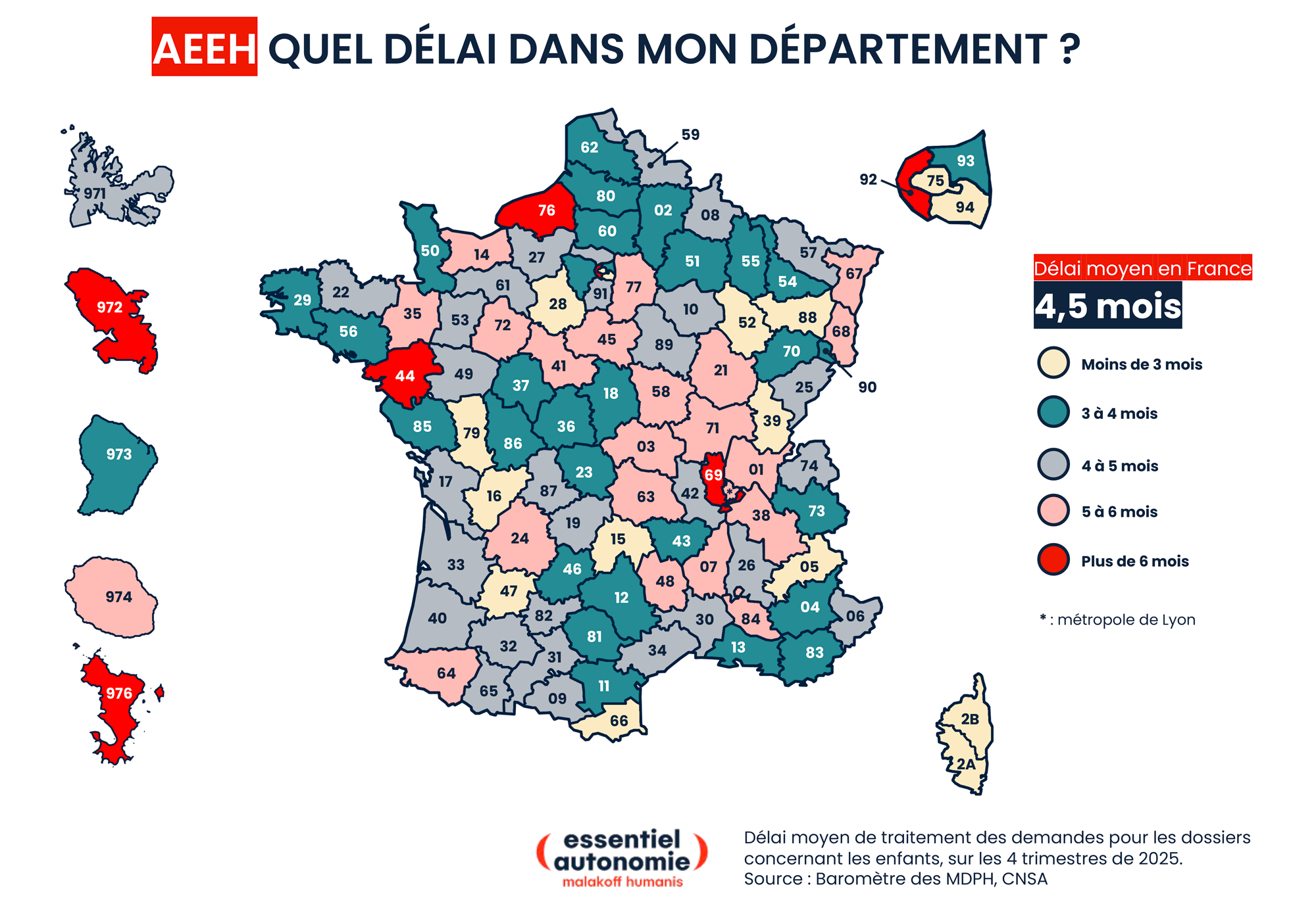Carte des délais de traitement des demandes pour les enfants par les MDPH en 2025